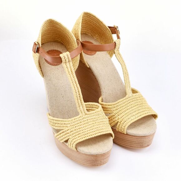 NIB Tory Burch Royal Tan Carina Straw Wedges Sandals 9.5 - Picture 1 of 12